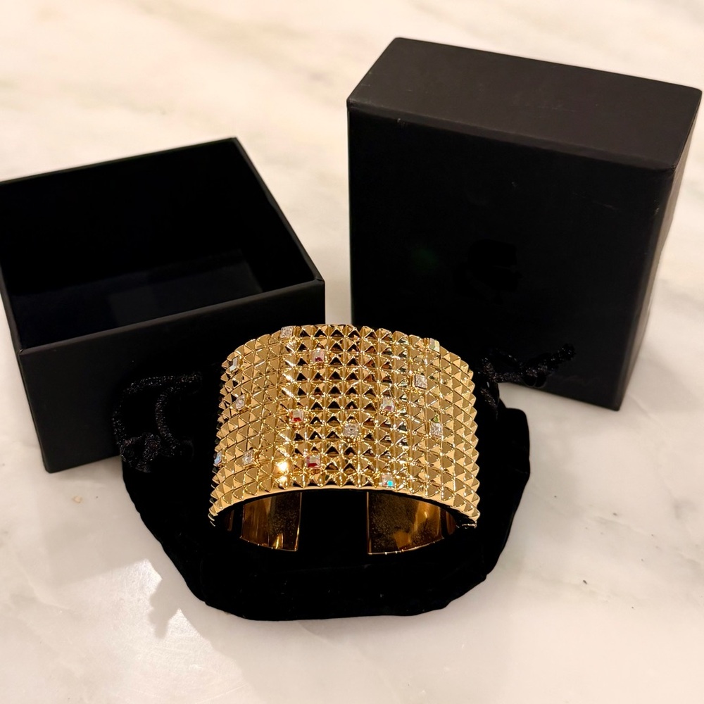 Stunning Karl Lagerfeld 11 row, Goldtone, Crystal Embellished Hinged Cuff - SM